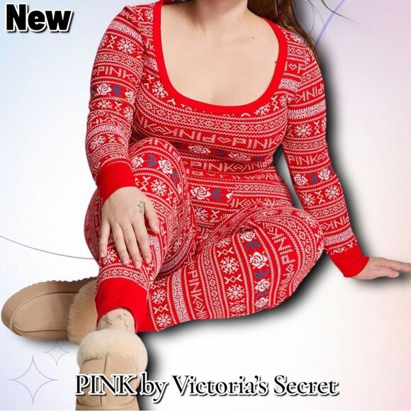 New PINK by Victoria’s Secret Thermal Long Pajama Set – Bright Vermillion Fair I - Picture 1 of 3
